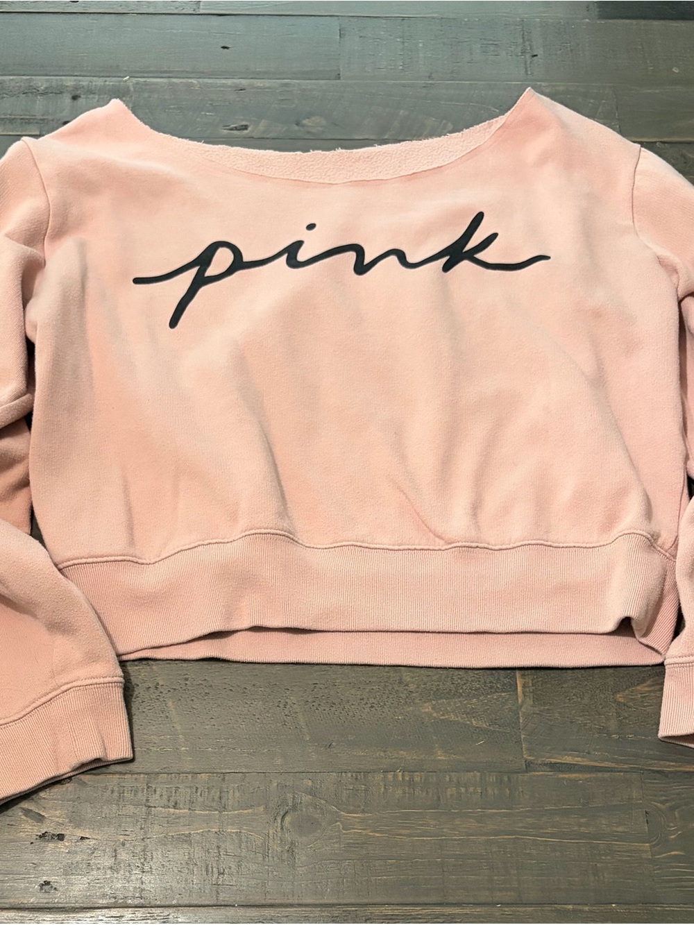 Victoria’s Secret PINK Large Cropped Sweatshirt Pink Logo Raw Neck Pullover